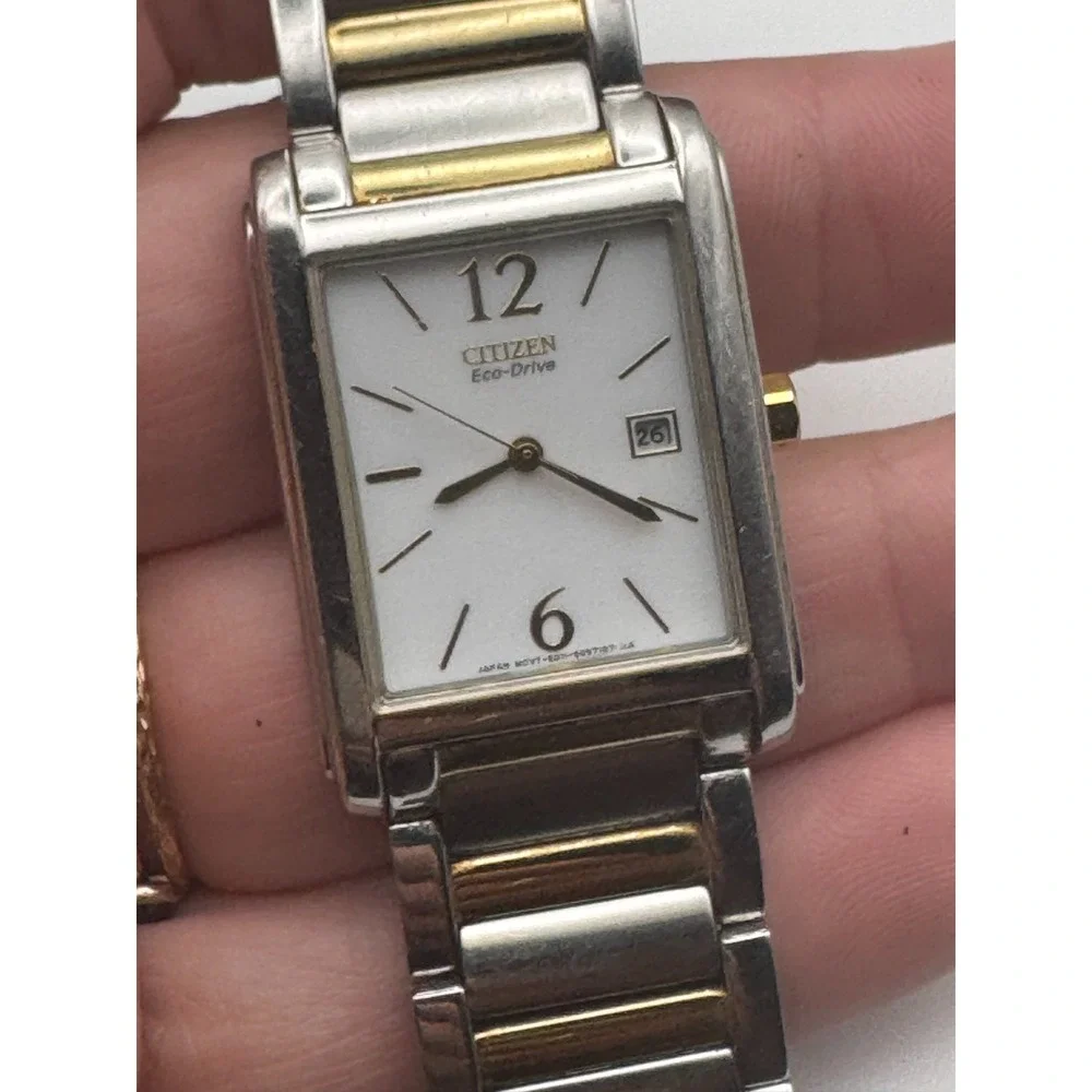 Citizen Eco-Drive Mens Watch  Rectangular Two Tone White Dial Date Working READ